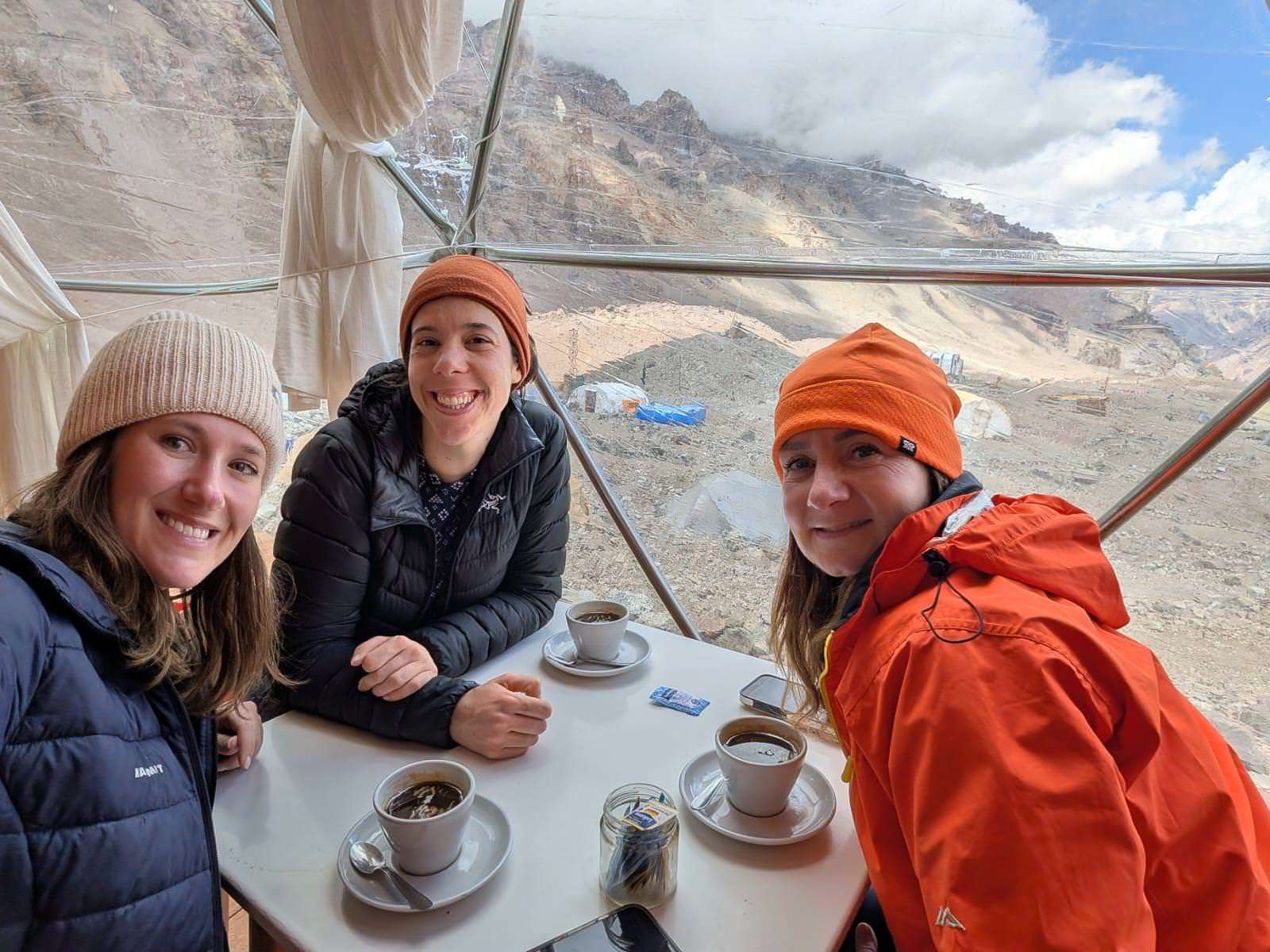 Climbers having coffee in the expedition tents of Aconcagua